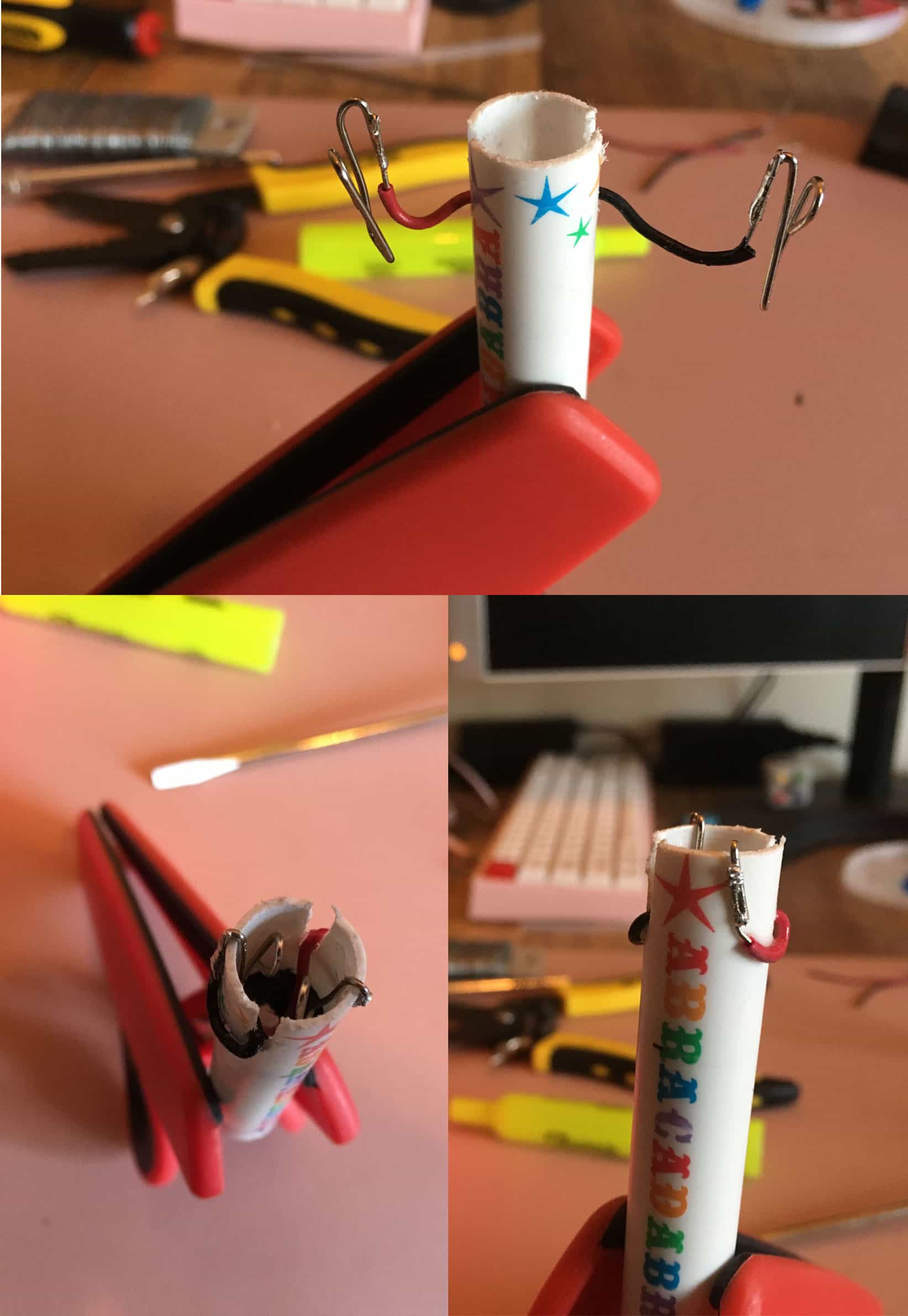 3 images. One is of the wires soldered to the paperclips. The other two are different angles showing placement in the marker tube.