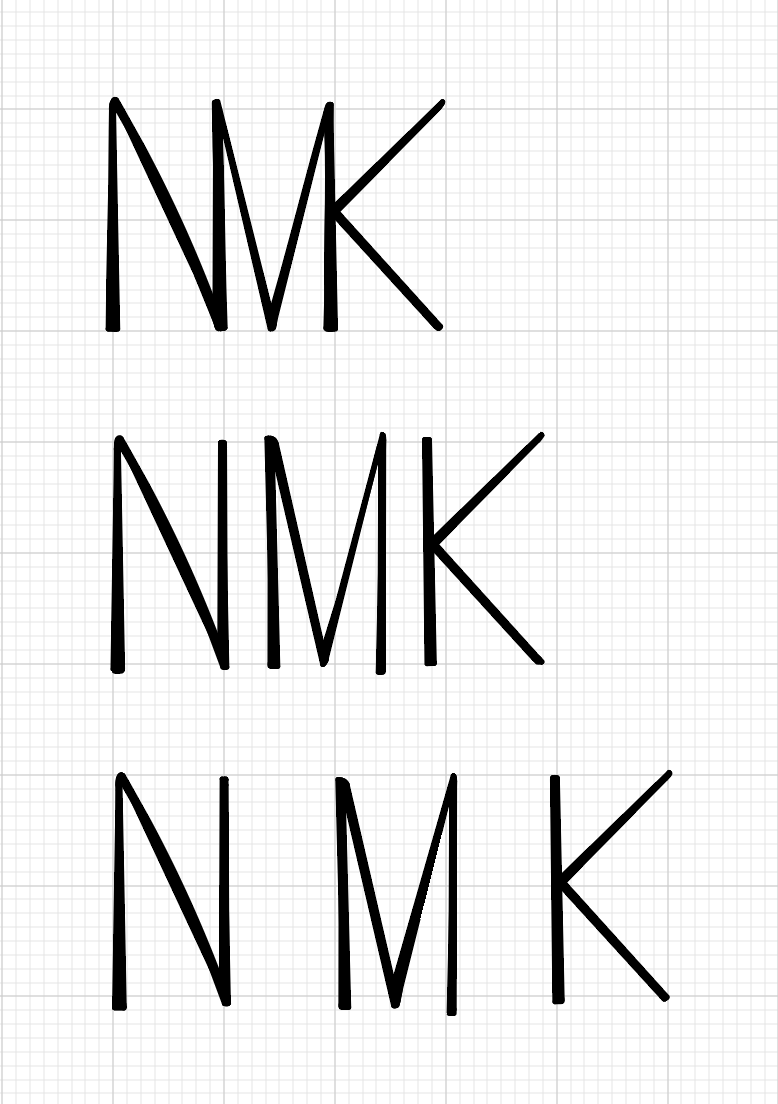 NMK logo with different degrees of kerning.