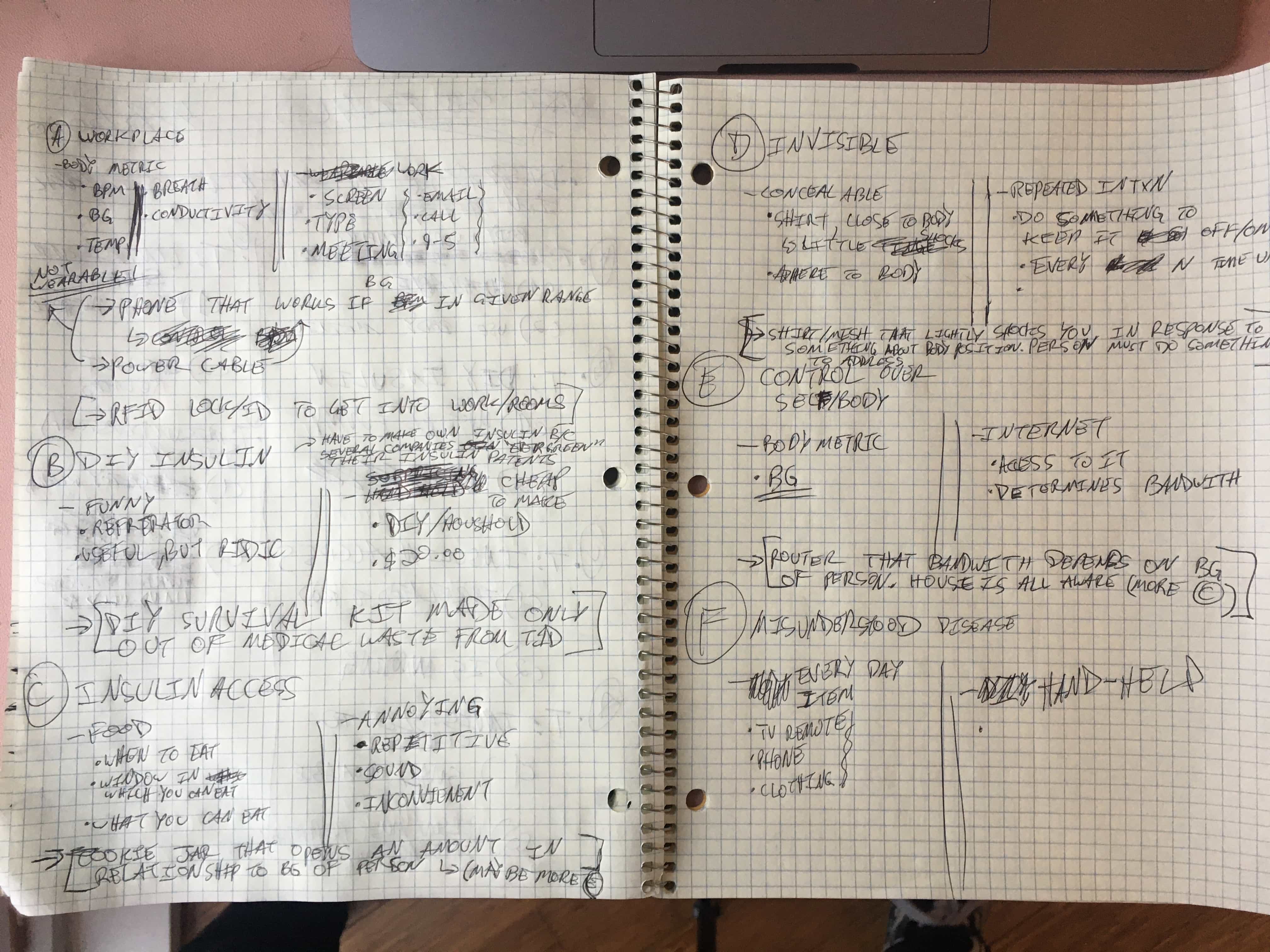 Notes in notebook on ideas